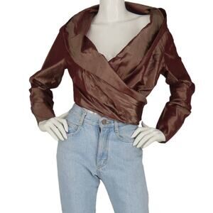 Kay Unger Raspberry Rose Shiny Silk Satin Tie Cropped Evening Formal Top Blouse